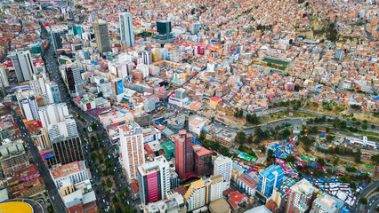 La Paz, Bolivia, Aerial Drone Fly Above Skyscraper Neighborhood Area, Populated City in Latin America, 