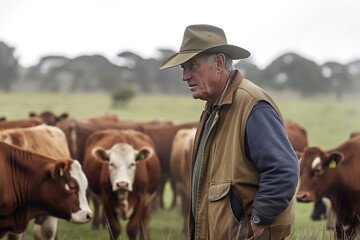 Male rancher on a farm, with cows. generate by ai