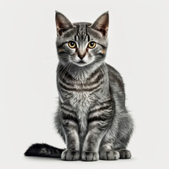 Gray tabby cat sitting on white background. Generative AI.