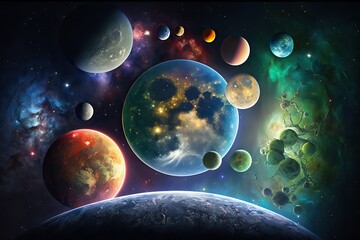 Space scene with multiple planets and moon (Ai generated)