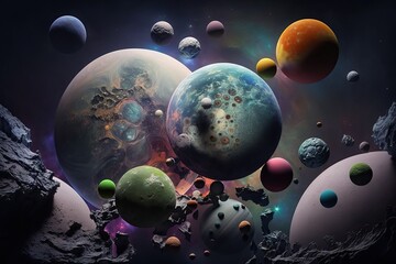 Obraz na płótnie Canvas Space scene with multiple planets and moon (Ai generated)