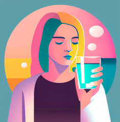 A girl drinks a tablet with water, illustration, created with Generative AI technology.