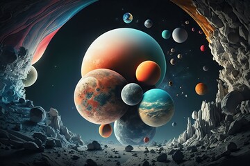 Space scene with multiple planets and moon (Ai generated)