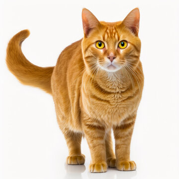 An Orange Tabby Cat Standing On White Background. Generative AI.