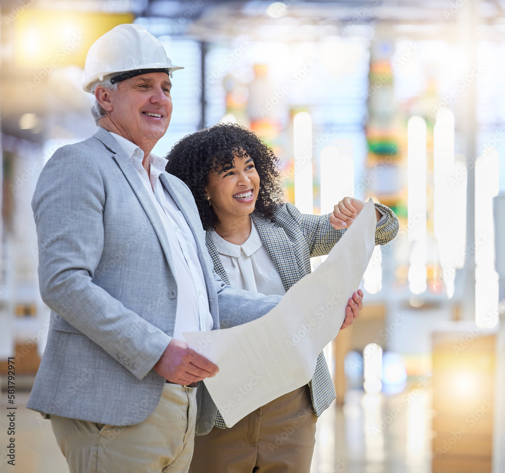 Poster man, woman and smile for construction, blueprint development and planning building design. happy tea