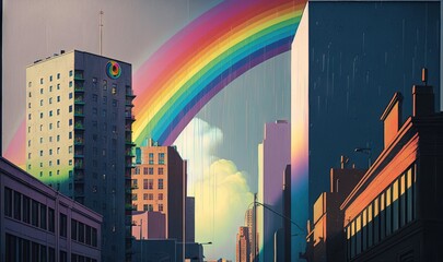  a painting of a rainbow over a city with tall buildings.  generative ai