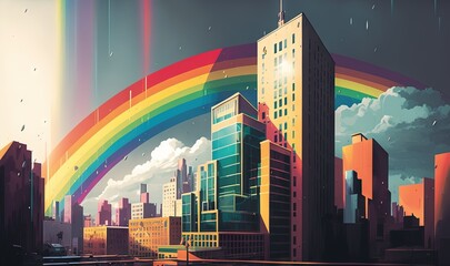  a painting of a city with a rainbow in the sky.  generative ai