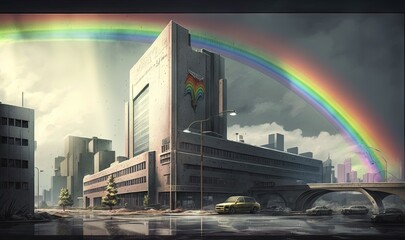 Fototapeta na wymiar a painting of a city with a rainbow in the sky. generative ai
