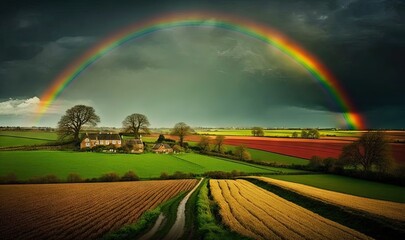  a rainbow over a green field with a house in the distance.  generative ai