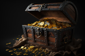 An open chest full of gold coins on black background. Generative AI. - obrazy, fototapety, plakaty