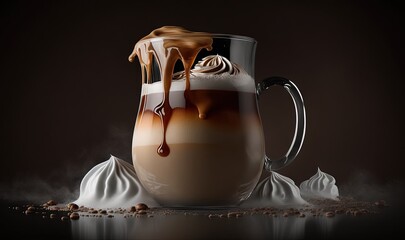  a pitcher of hot chocolate with whipped cream and chocolate sauce.  generative ai