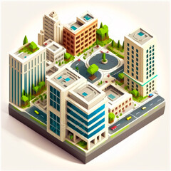 An isometric view of city with buildings and trees. Generative AI.