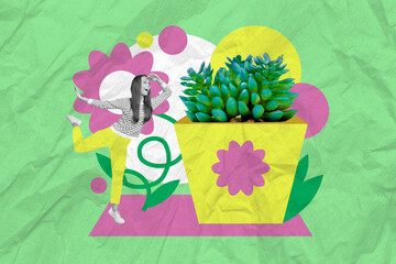 Photo sketch graphics collage artwork picture of excited lady growing big huge cactus pot isolated drawing background