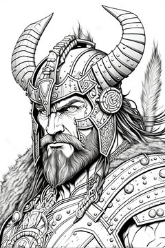 A colouring book page: Viking warrior, Norse mythology, Vikings created with Generative AI technology