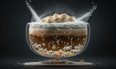  a glass of beer with foam and bubbles on a black background.  generative ai