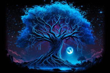 Blue tree with moon in the background. Generative AI.