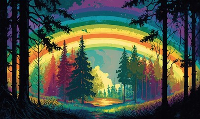  a painting of a forest with a rainbow in the background.  generative ai
