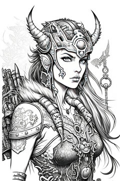 A colouring book page: Viking warrior, Norse mythology, Vikings created with Generative AI technology