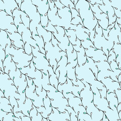 Plant with foliage painting - hand drawn seamless pattern  on light blue background