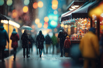 Generative AI of the magic of a Christmas market at night in snow. - shallow focus