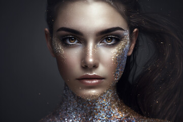 Beautiful makeup on a model with glitter. Generative AI. 