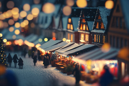 Generative AI of the magic of a Christmas market at night in snow. - shallow focus