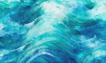 a painting of a blue ocean wave with white foam on it.  generative ai