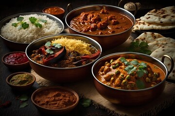 Selection of Indian curries and rice. Generative AI