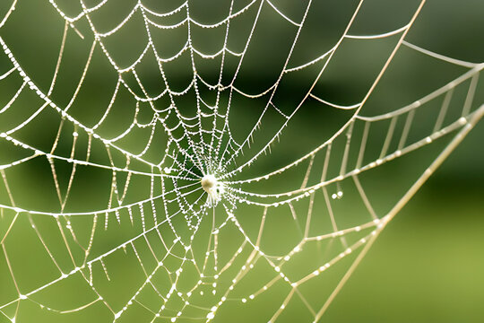 AI generated image of a spider web with drops of water from the rain sticking to the web.