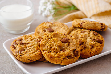 Chocolate chip cookies on white plate and glass of milk