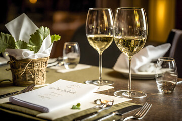 Close up of a dinning table setup in a restaurant. Created with Generative AI technology.