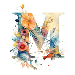 Letter M logo, made of flowers. Watercolor painting made with Generative AI