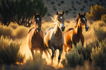 Wild horses in nature under morning light. Created with Generative AI technology.