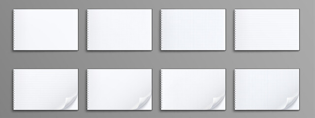 Realistic set of notebook mockups isolated on gray background. Vector illustration of blank diary pages with folded corners. Top view of line, box, dot ruled white sheets on spiral binder