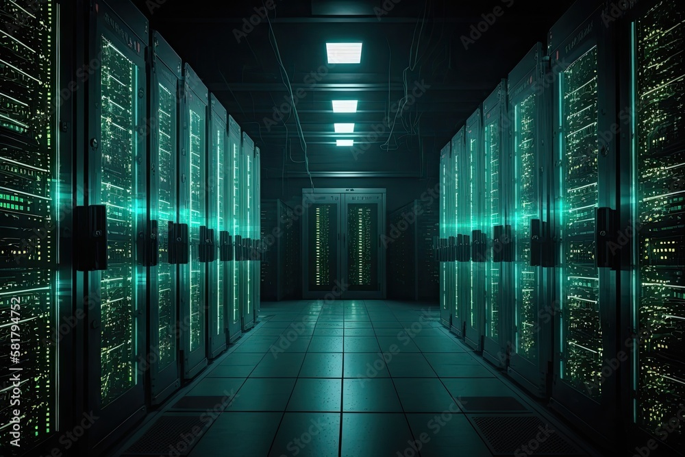 Poster wonderful picture of the mainframe in the rows of the data center. generative ai