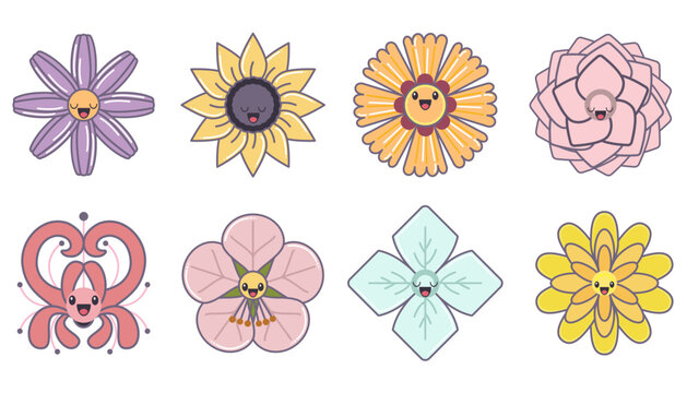 Kawaii flower - traditional japanese flower cartoon set. Cute illustration of cosmos, sakura, hydrangea, lycoris, chrysanthemum, camelia, tokkobana, sunflower