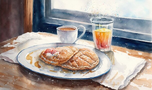  a painting of two pastries on a plate next to a cup of tea.  generative ai