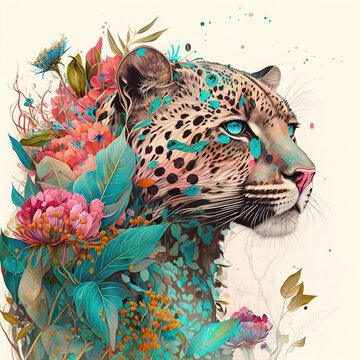 Beautiful Jaguar Surrounded by Floral Watercolor Illustration. Generative AI