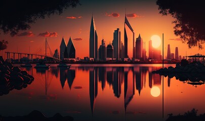  a city skyline is shown at sunset with a lake in the foreground.  generative ai