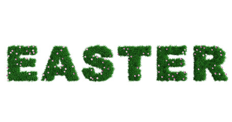 Easter inscription made of grass and flowers, isolated on a white background, 3d rendering