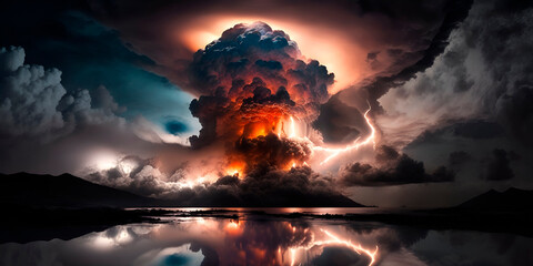 3D eruption volcano terrible deasuster nature. Mountain dark clouds ash sky. Red light outdoor smoke dangerous environment rendering illustration background - obrazy, fototapety, plakaty