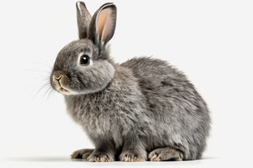 Fototapeta premium Cute little gray rabbit sitting alone on a white background. Lovely movement by the juvenile rabbit. Generative AI