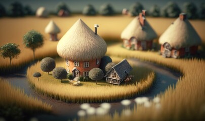  a group of houses in a field with trees and grass.  generative ai