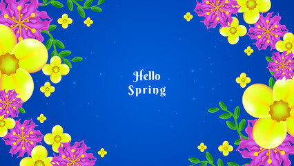 Fototapeta na wymiar Spring blue background with flowers illustration