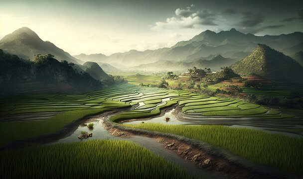  a painting of a rice field with mountains in the background.  generative ai