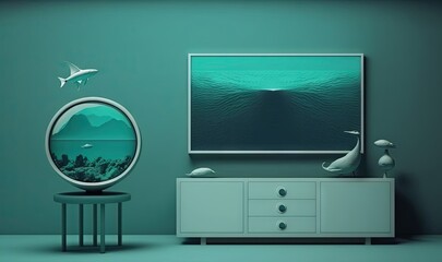  a living room with a tv and a fish tank in the corner.  generative ai