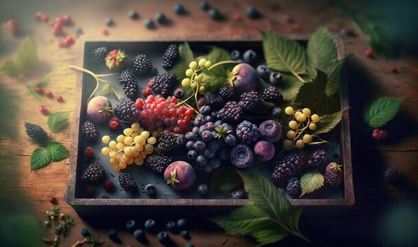  a painting of berries and leaves on a wooden table with leaves.  generative ai