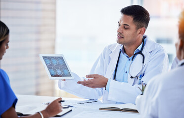 Tablet xray, man and doctors in radiology planning for test, results charts and healthcare analysis...