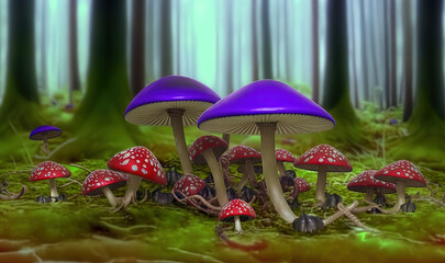  a group of mushrooms in the middle of a forest floor.  generative ai
