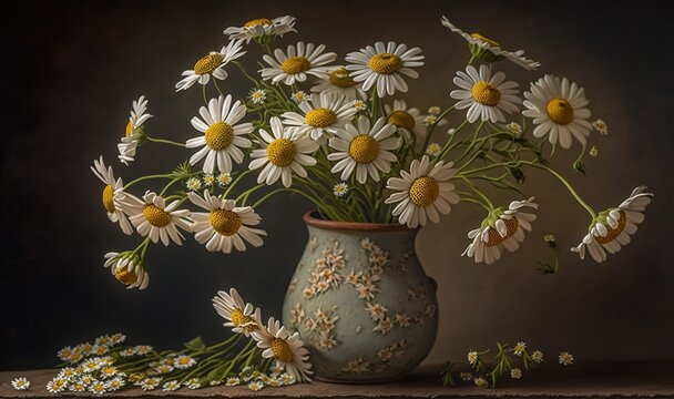  a painting of daisies in a vase on a table.  generative ai